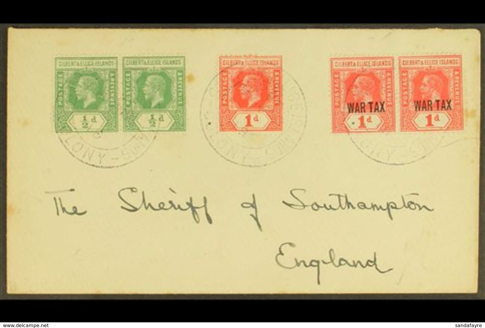 1918 (Sept) A Neat Envelope To The Sheriff Of Southampton, Bearing KGV ½d Pair And 1d, War Tax 1d Pair, Tied GPO Cds's.  - Îles Gilbert Et Ellice (...-1979)