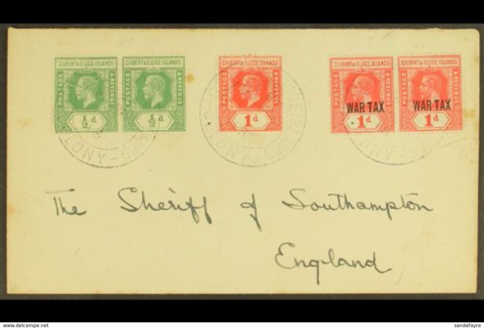 1918 (Sept) A Neat Envelope To The Sheriff Of Southampton, Bearing KGV ½d Pair And 1d, War Tax 1d Pair, Tied GPO Cds's.  - Gilbert- En Ellice-eilanden (...-1979)