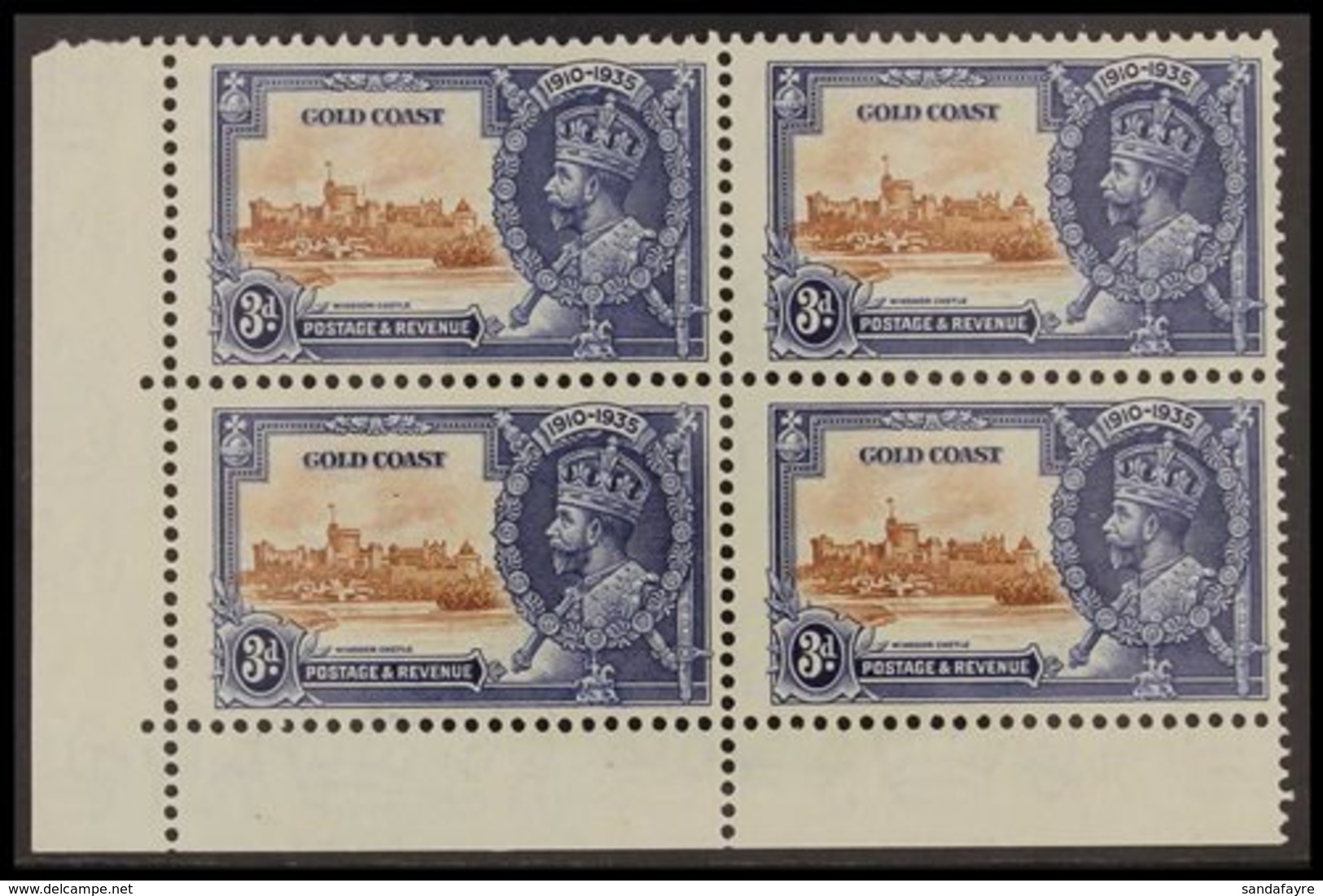 1935 SILVER JUBILEE VARIETY 3d Brown & Deep Blue, Lower Left Corner Block Of 4 Bearing The "EXTRA FLAGSTAFF" Variety, SG - Gold Coast (...-1957)