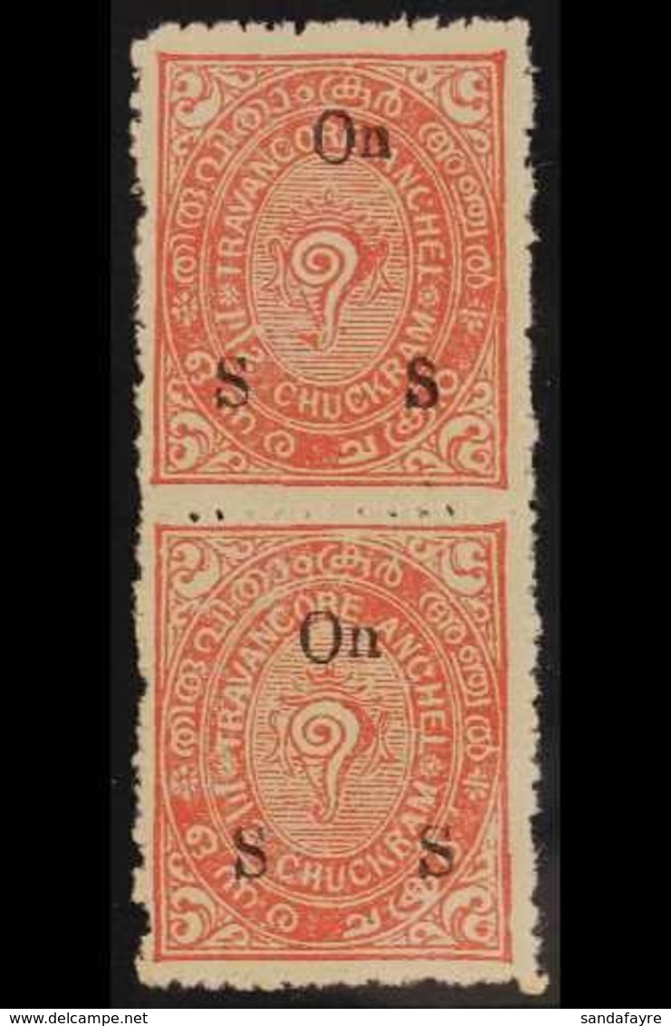 TRAVANCORE OFFICIAL 1930-39 1½ch Rose Perf 12 Opt Types 08+06 VERTICAL PAIR, SG O67A+O67B,  Very Fine Unused Mixed Overp - Sonstige & Ohne Zuordnung