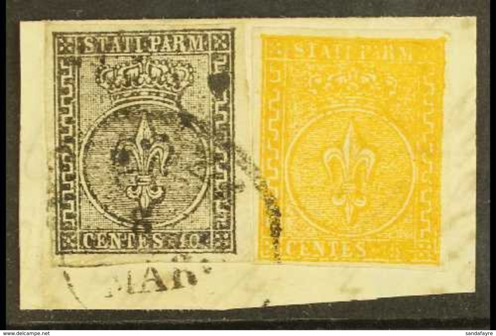 PARMA 1852 10c Black On White And 1853 5c Orange Yellow, Sass 2+6, Very Fine Used Together On Piece Tied By Piacenza 6 M - Non Classés