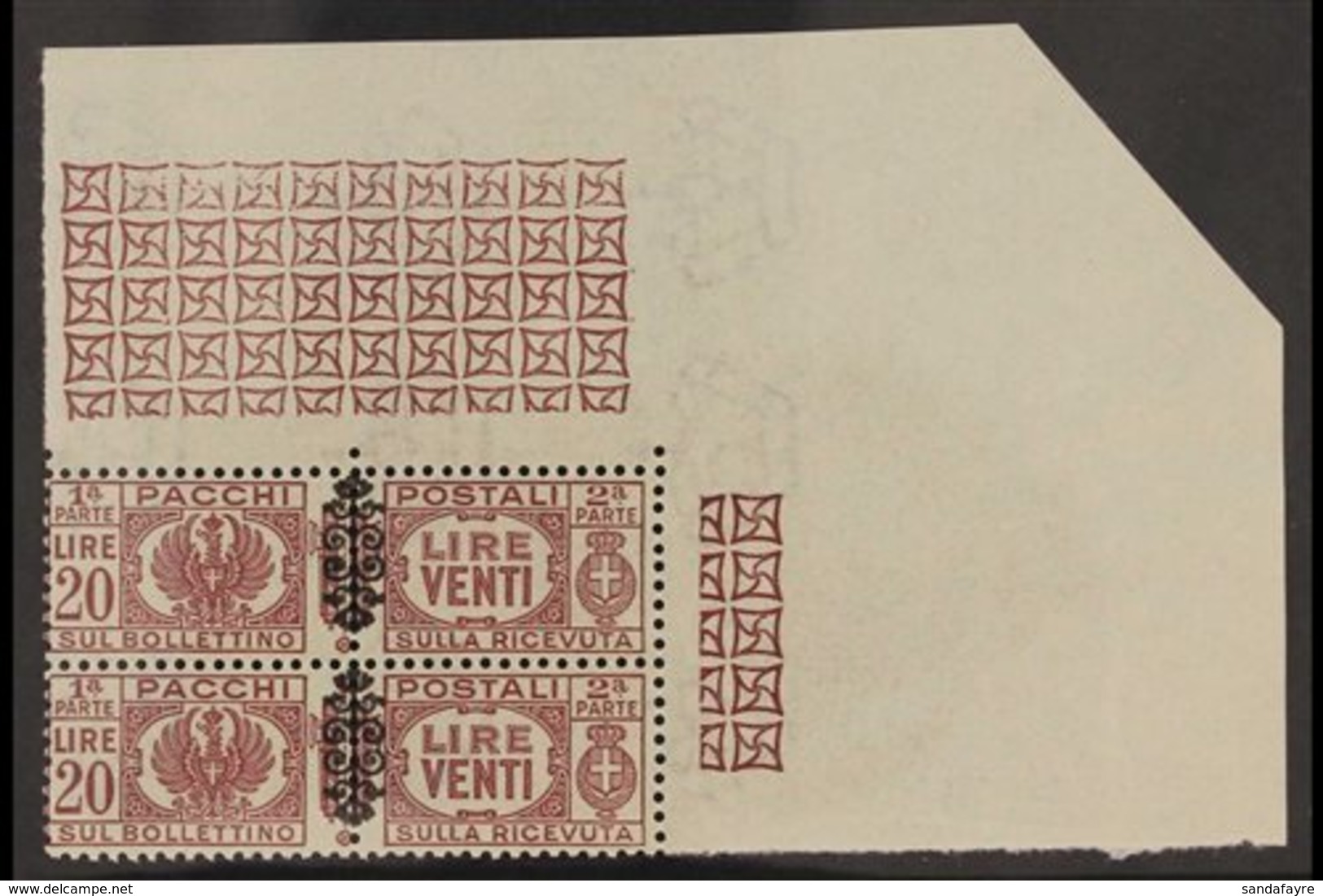 PARCEL POST 1945 20L Dull Purple Overprint (Sassone 59, SG P658), Superb Never Hinged Mint Upper Right Corner BLOCK Of 4 - Sin Clasificación