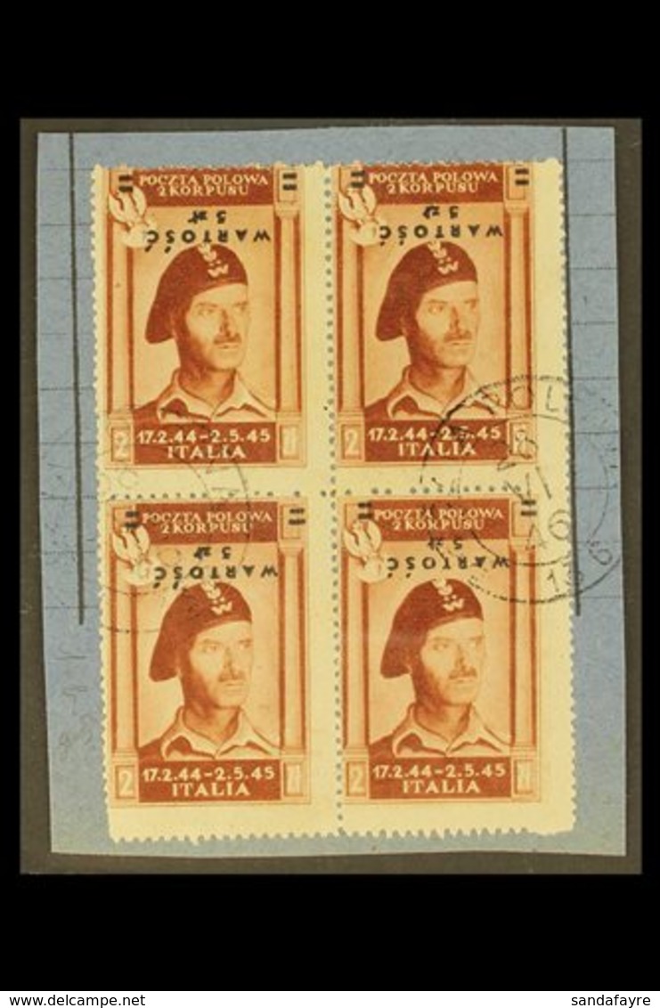 POLISH CORPS 1946 5z On 2z Red Brown Anders Airmail, Variety "Overprint Inverted", Sass 1b, Superb Used Block Of 4 Tied  - Sin Clasificación