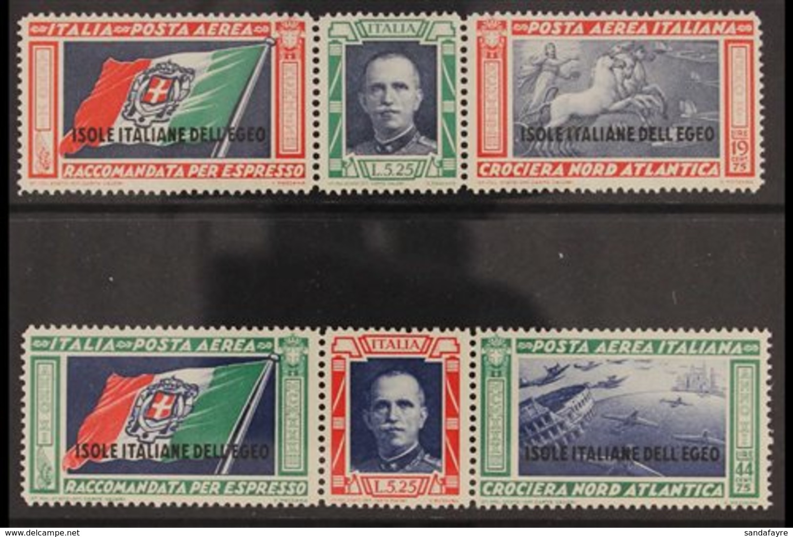 DODECANESE ISLANDS 1933 Air Balbo Massive Formation Flight "Egeo" Overprints Both Se-tenant Strips (Sassone 28/29, SG 12 - Otros & Sin Clasificación