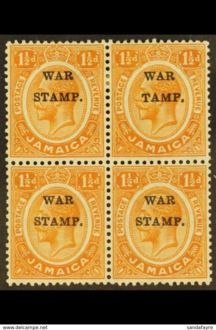 1916 1½d Orange Ovptd "War Stamp",block Of 4, Top R/h Stamp Showing The Variety "S In Stamp Omitted", SG 71/71b, Very Fi - Jamaïque (...-1961)