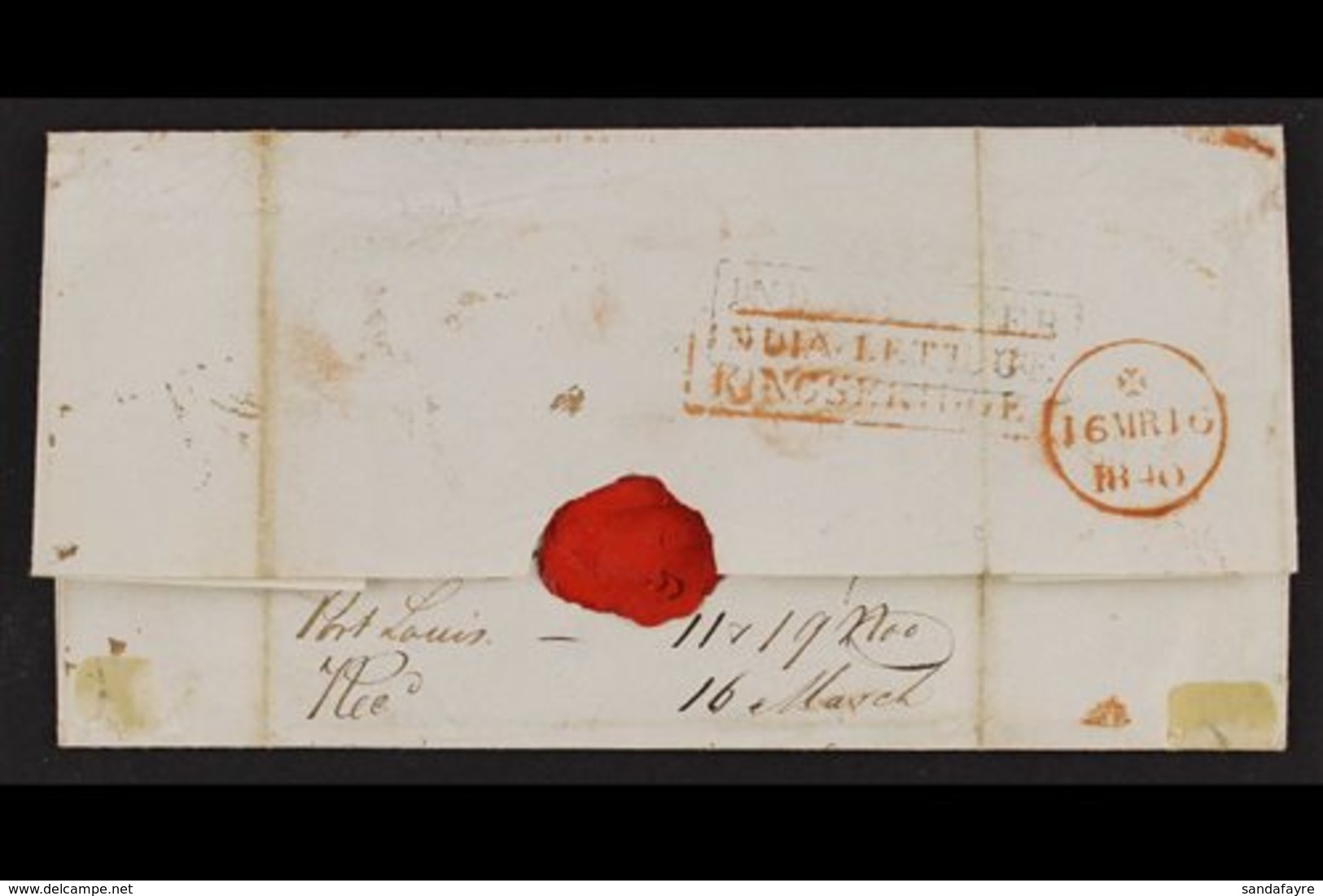 1839 (Nov) Wrapper "per Palmer" To Huff In London, Showing Red MAURITIUS POST OFFICE Cds, Various Rate Endorsements, And - Mauritius (...-1967)