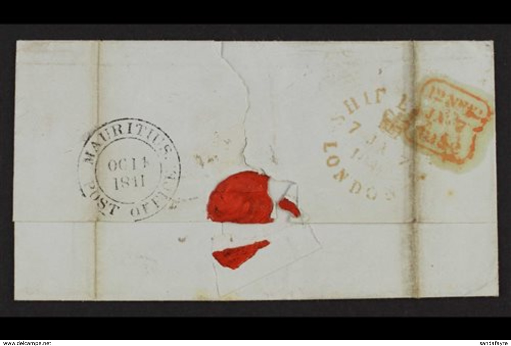 1841 (October) Wrapper To Huth In London, Showing Fine MAURITIUS POST OFFICE Cds In Black, Red "SHIP LETTER LONDON" Cds  - Mauricio (...-1967)