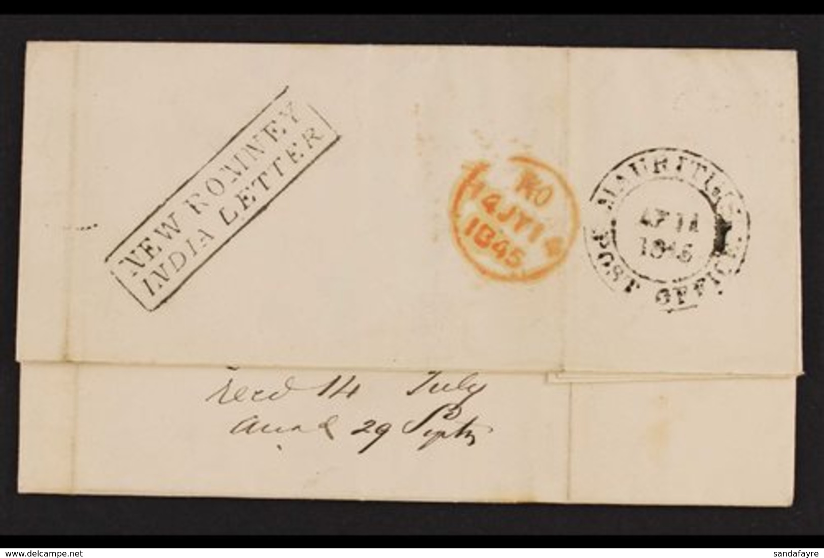 1845 (April) Entire Letter "Pr. John King" To Huth In London, Showing Black MAURITIUS POST OFFICE Cds, And Very Fine Box - Mauritius (...-1967)