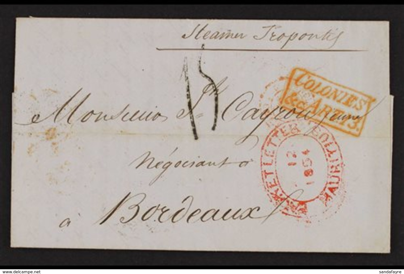 1854 (Oct) Neat And Attractive Entire Letter In French To Bordeaux "Steamer Teopondis", And Showing A Fine Oval Red "PAC - Maurice (...-1967)