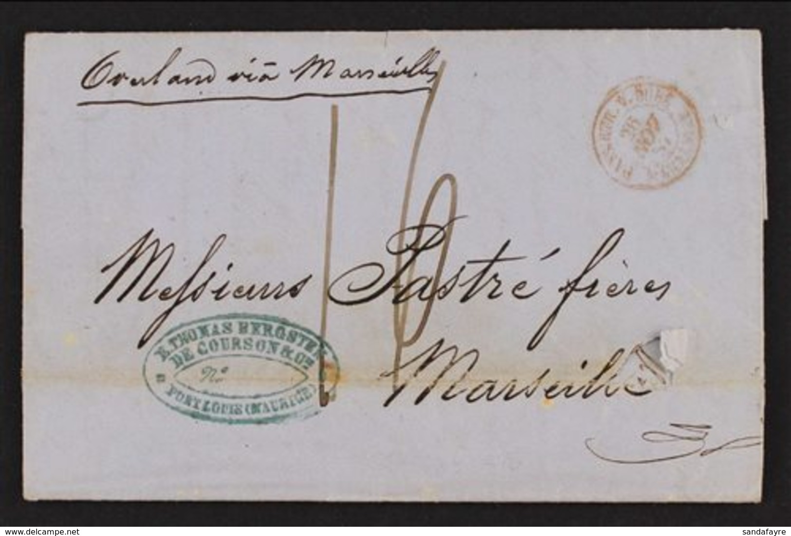 1857 (Oct) Entire Letter Overland To Marseilles, Showing Black Oval "PACKET LETTER MAURITIUS" And Red "Pays Etr.v.Suez M - Maurice (...-1967)