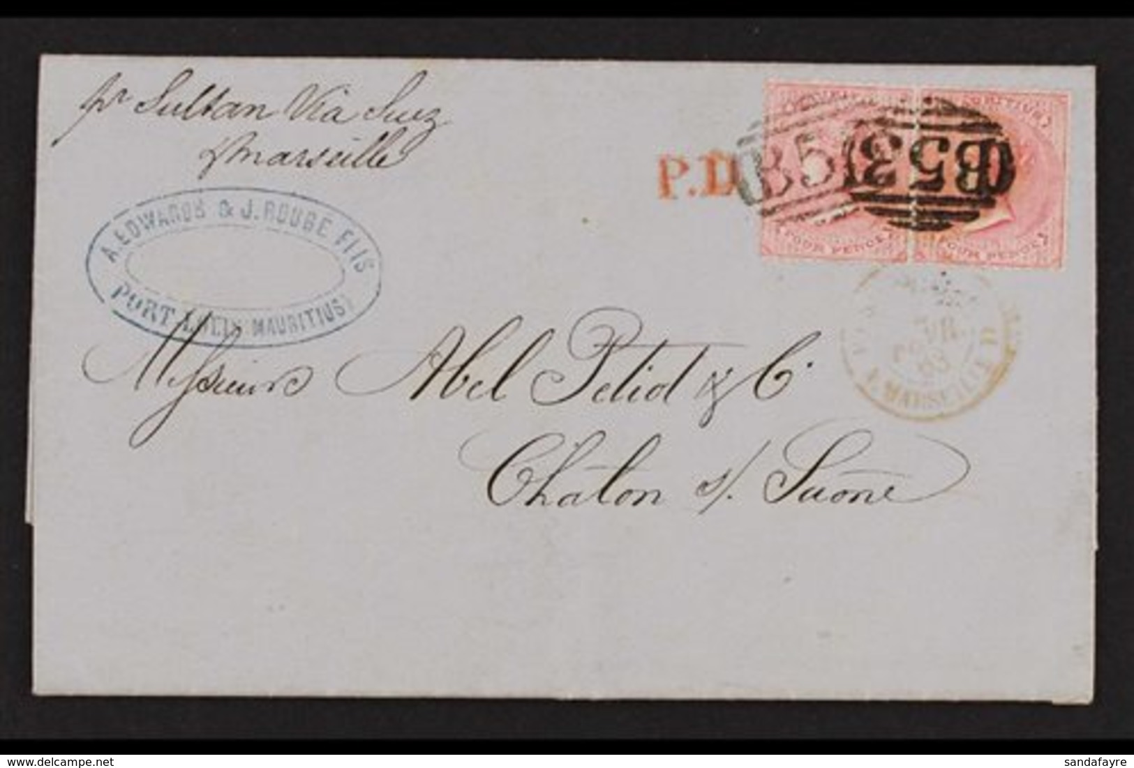 1863 (Jan) Entire Letter "per Sultan Via Suez" From Port Louis To Chalon S Saone (France), Bearing 4d Rose No Watermark, - Maurice (...-1967)