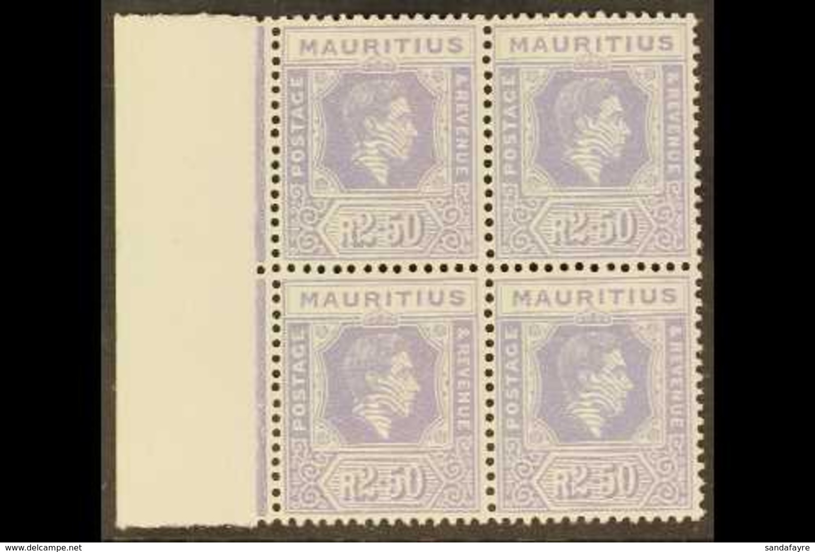 1938-49 2r50 Pale Violet (Ordinary Paper), SG 261a, NHM Marginal Block Of 4. Superb (4 Stamps) For More Images, Please V - Mauricio (...-1967)