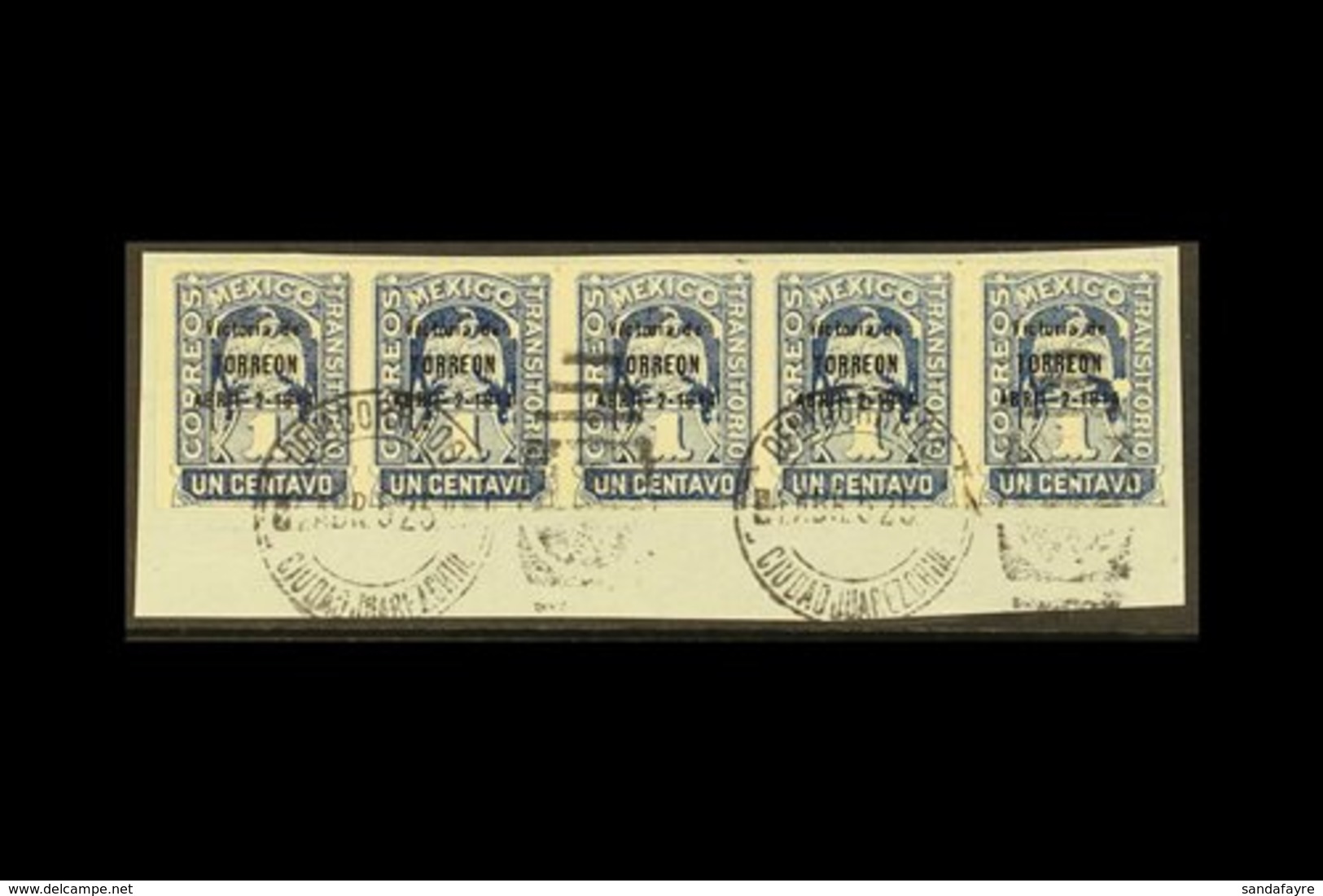 1914 1c Deep Blue Victory Of Torreon, Scott 362 (SG CT10, £120 Each), Very Fine USED STRIP OF FIVE Tied To Piece By Ligh - México