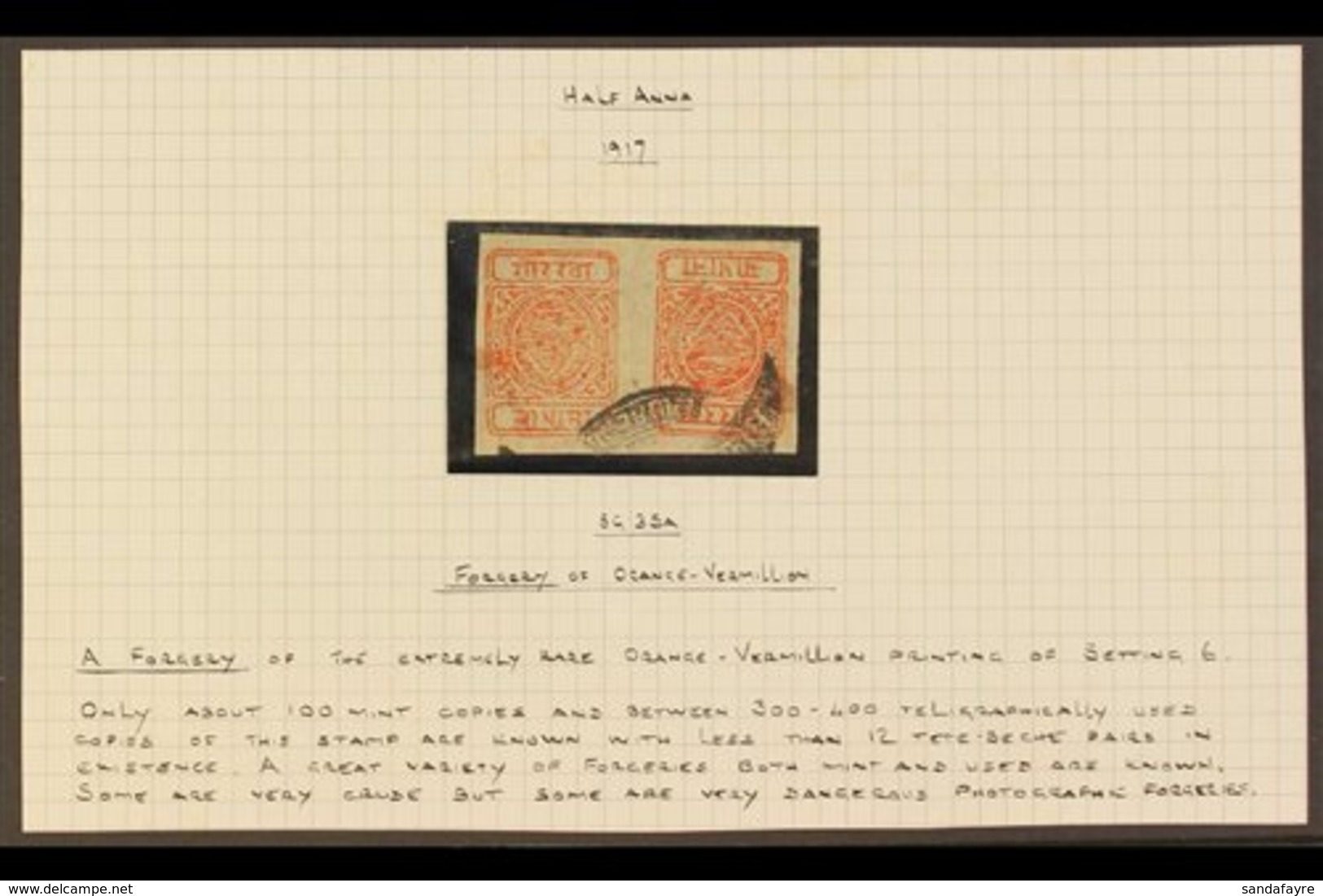 1917-30 ½a Orange-vermilion Tete-beche Pair USED FORGERY, As SG 35a, Apparently Less Than Twelve Genuine Tete-beche Pair - Nepal