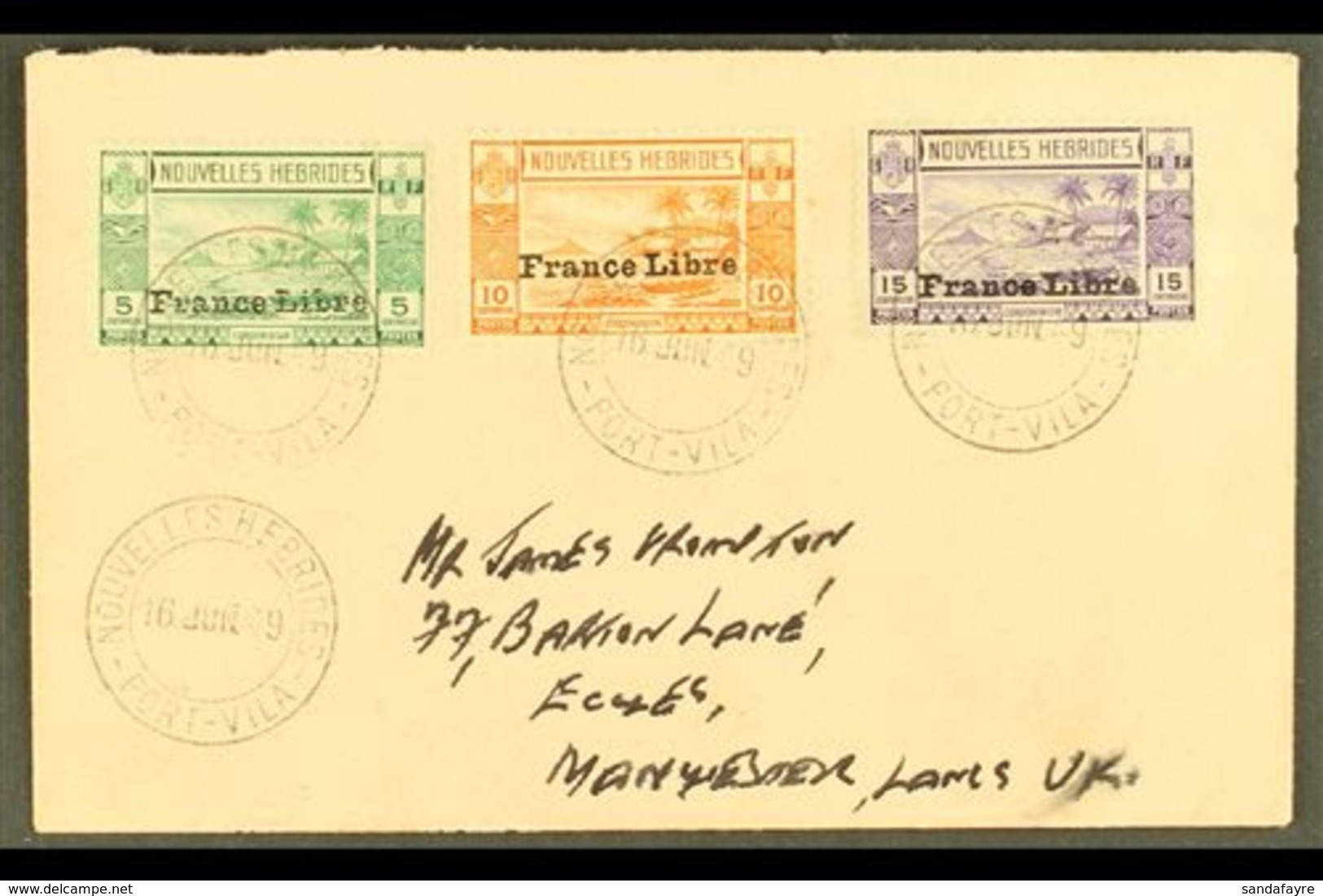 FRENCH 1941 France Libre Overprinted 5c To 15c, SG F65/67, On An Envelope Cancelled Port Vila June 1949 To England. For  - Otros & Sin Clasificación