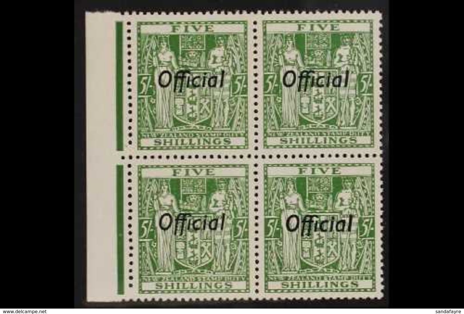 OFFICIAL 1943 "Arms" 5s Green, Perf 14 Wmk Upright, SG 133, Marginal BLOCK OF FOUR Never Hinged Mint. For More Images, P - Andere & Zonder Classificatie