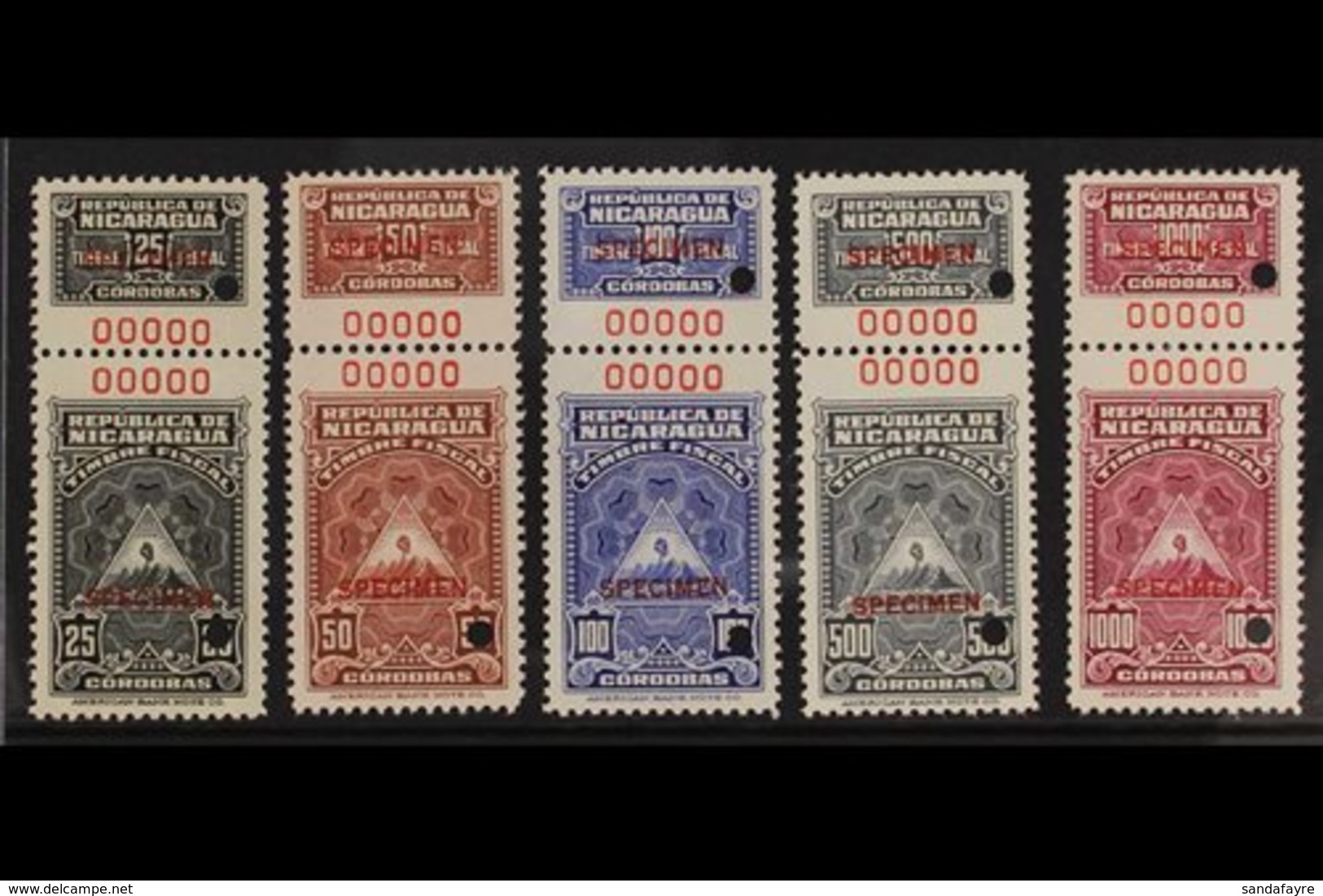 REVENUES TIMBRE FISCAL 1940 Set Of Nineteen Different Values With Coupons At Top, All With Red "SPECIMEN" Overprints, Sm - Nicaragua