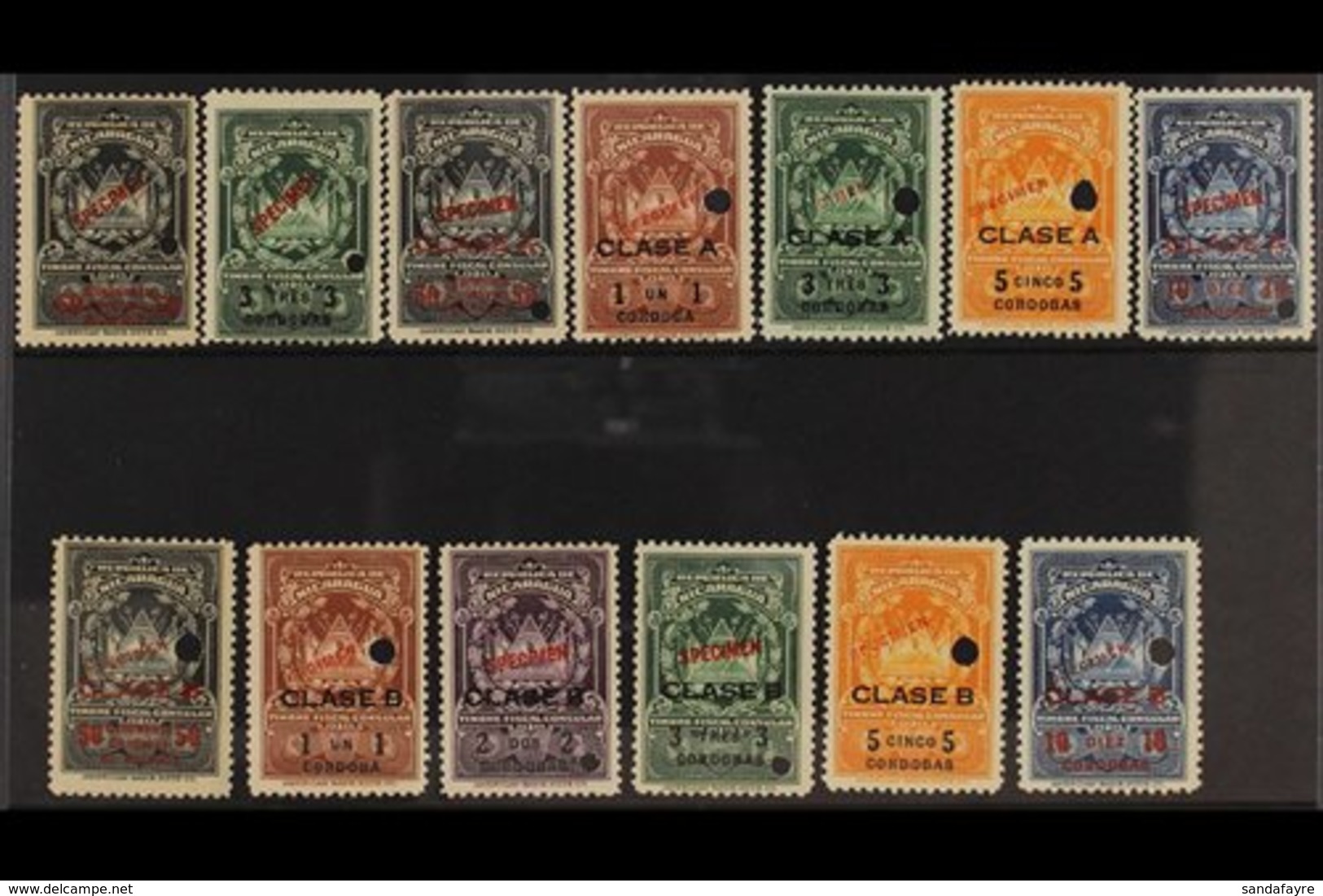 REVENUES TIMBRE FISCAL CONSULAR 1927-1945 Twenty Two Different Values, All With Red "SPECIMEN" Overprints, Small Securit - Nicaragua