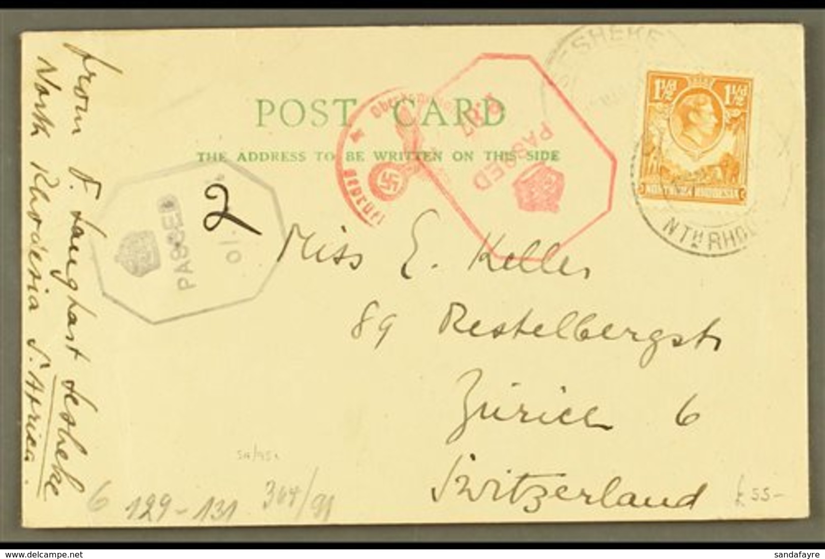 1943 (March) Postcard To Switzerland, Bearing 1½d Orange, Tied By Sesheke Cds, With Two British Type Censor Marks, Plus  - Rhodésie Du Nord (...-1963)