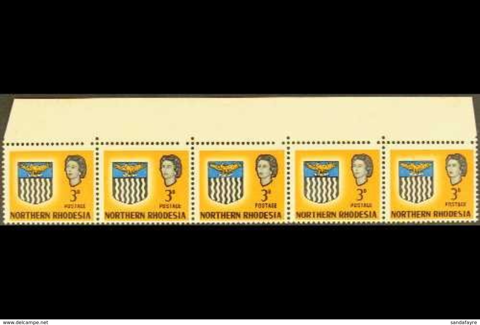 1963 3d Yellow, Horizontal Strip Of 5 From Top Margin With MISSING PERF HOLE Above Every Stamp, SG 78, Gum Slightly Tone - Northern Rhodesia (...-1963)