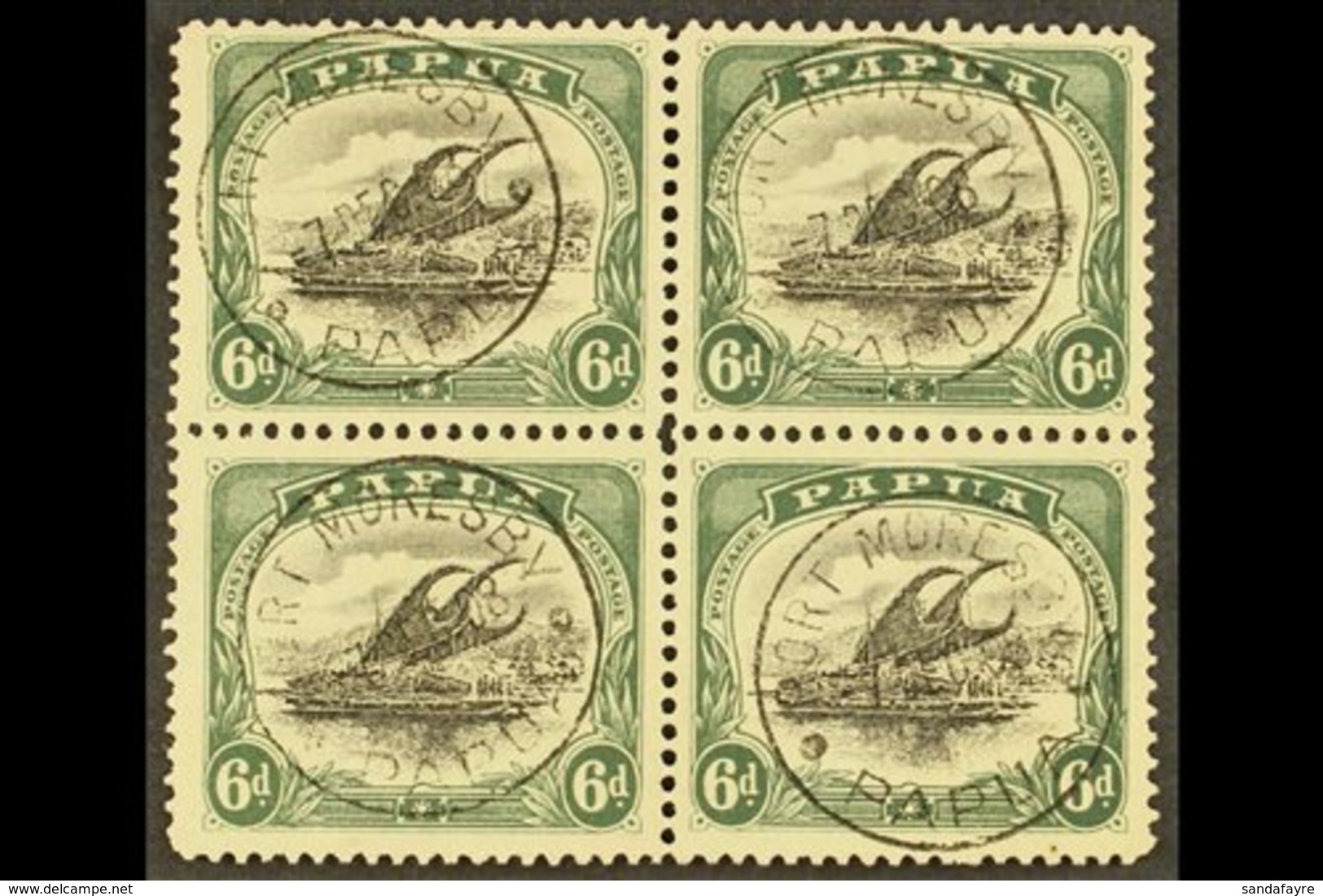 1907-98 Small Papua, Watermark Upright Perf 11 6d Black And Myrtle Green, SG 53, Superb Cds Used Block Of Four, Port Mor - Papouasie-Nouvelle-Guinée