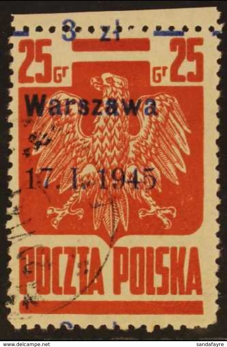 1945 3z On 25g Dull Red Typo With "Warszawa" Liberation Overprint (Michel 390 IXb, SG 516a), Very Fine Cds Used Upper Ma - Otros & Sin Clasificación