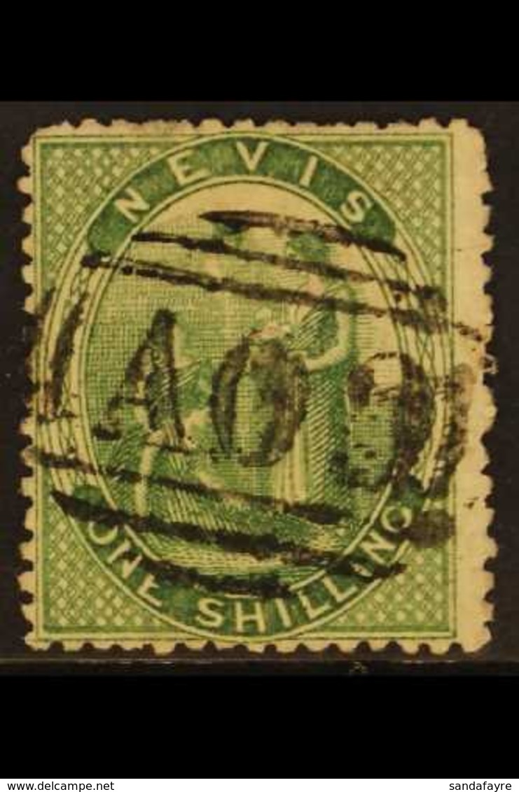 1876 1s Yellow-green, Showing Crossed Lines On Hill, SG 14b, Neat Almost Full Upright "AO9" Cancel, A Very Scarce Variet - St.Christopher-Nevis & Anguilla (...-1980)