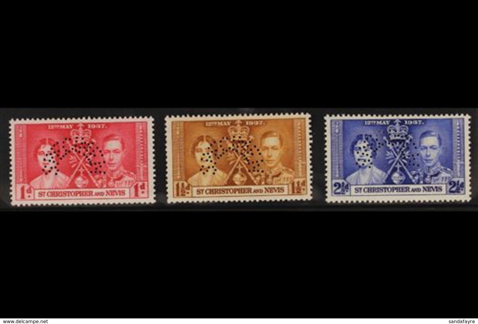 1937 Coronation Set, Perf. "SPECIMEN", SG 65/67s, Fine Mint. (3) For More Images, Please Visit Http://www.sandafayre.com - St.Kitts And Nevis ( 1983-...)