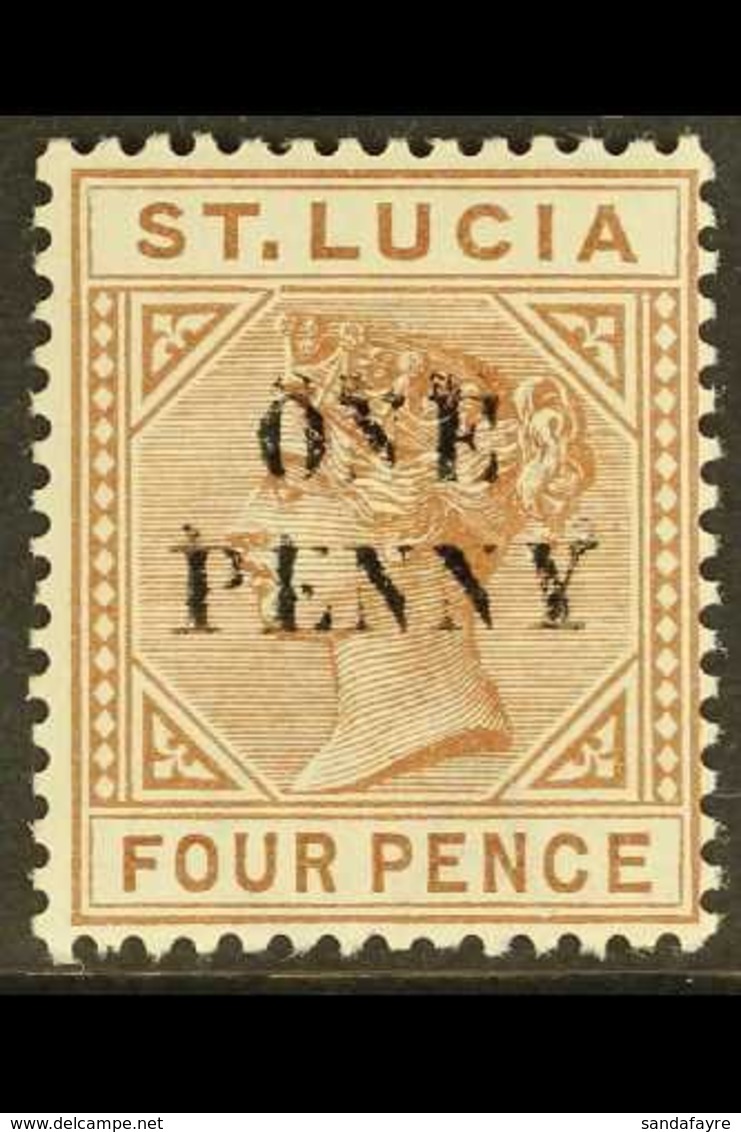 1891-92 VARIETY One Penny On 4d Brown "Top Left Triangle Detached" Variety, SG 55e, Very Lightly Hinged Mint, A Beautifu - St.Lucia (...-1978)