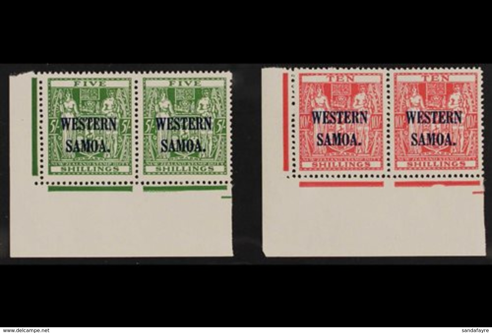 POSTAL FISCAL 1945 "Arms" 5s Green And 10s Carmine-lake, SG 208/09, Never Hinged Mint Corner Pairs. (2 Pairs = 4 Stamps) - Samoa (Staat)