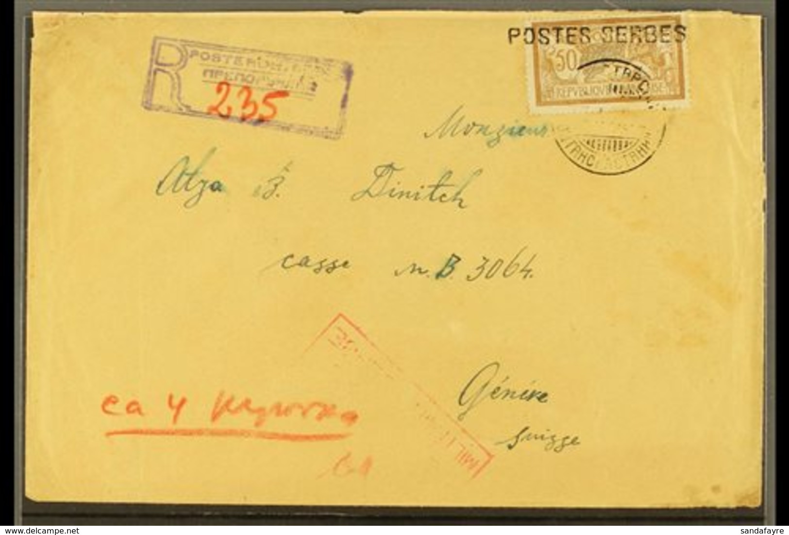 1917 POSTES SERBES. Registered Censored Cover To Switzerland, Bearing France 50c Stamp Tied By Serbian Cyrillic Cds And  - Serbie