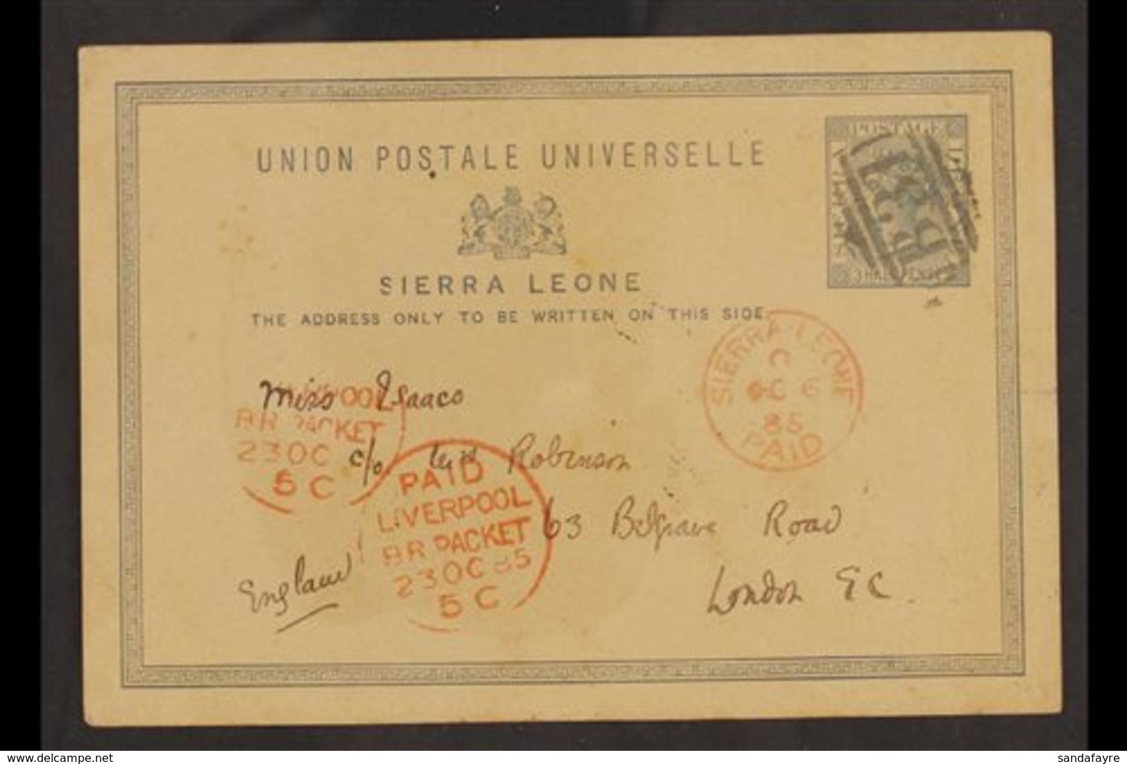 1885 (Oct 6th) 1½d Stationery Postcard, Commercially Used to London, "B31" Cancel & "Sierra Leone / Paid" C.d.s. Alongsi - Sierra Leona (...-1960)