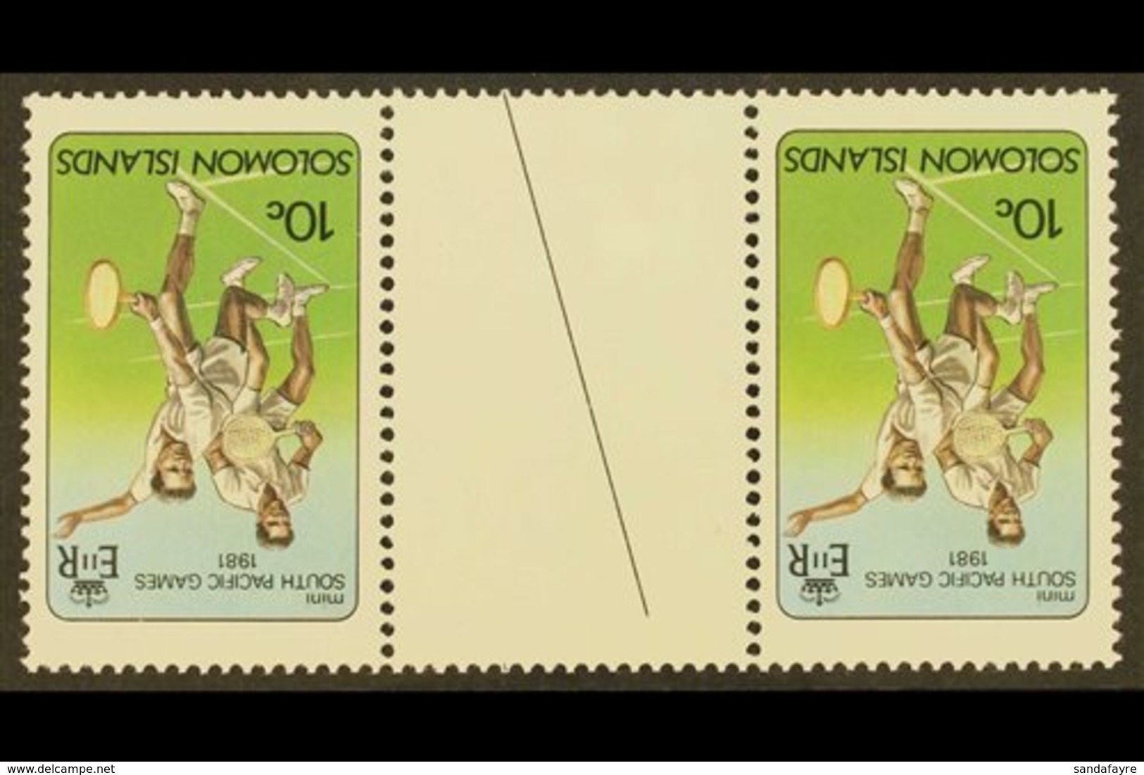 1981 10c Pacific Games - Tennis WATERMARK INVERTED Variety, SG 440w, Never Hinged Mint Horiz GUTTER PAIR, Fresh & Scarce - British Solomon Islands (...-1978)