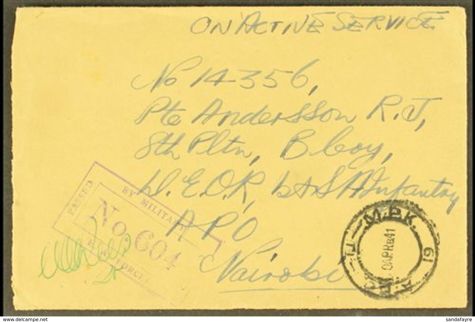 1941 Stampless Envelope Endorsed "On Active Service" And Posted To Kenya, Kismayu  "A.P.O. - U - M.P.K. 19" Postmark App - Somalilandia (Protectorado ...-1959)