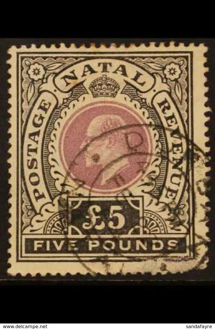 NATAL 1902 £5 Mauve And Black, SG 144, Used With Light Tone Spot & Damage To The Lower- Right Corner. Cat £1500. For Mor - Sin Clasificación