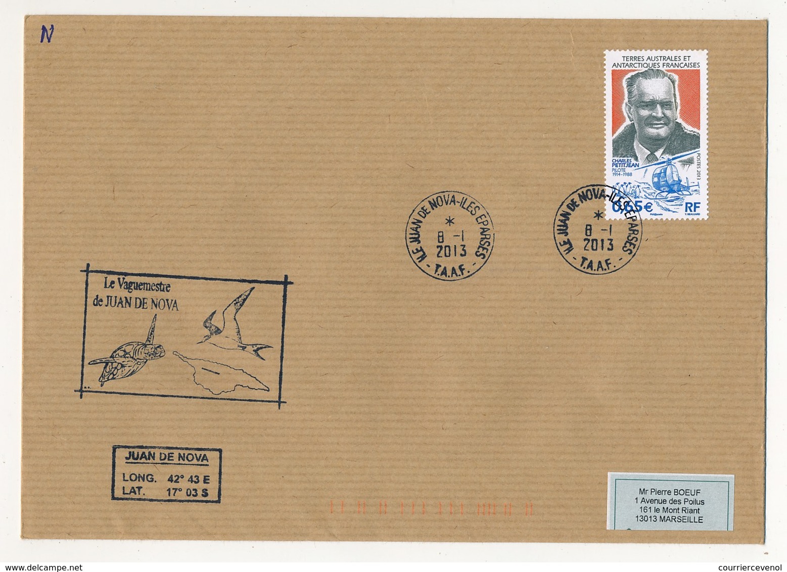 TAAF - Enveloppe Affr. 0,65E Charles Petitjean - Ile Juan De Nova - Iles Eparses 8-1-2013 + Cachet Vaguemestre - Storia Postale