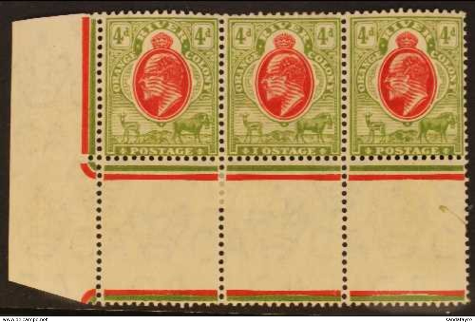 ORANGE FREE STATE 1905 4d Scarlet And Sage-green Corner Strip Of Three With Central Stamp Having The "I OSTAGE", SG 150+ - Sin Clasificación