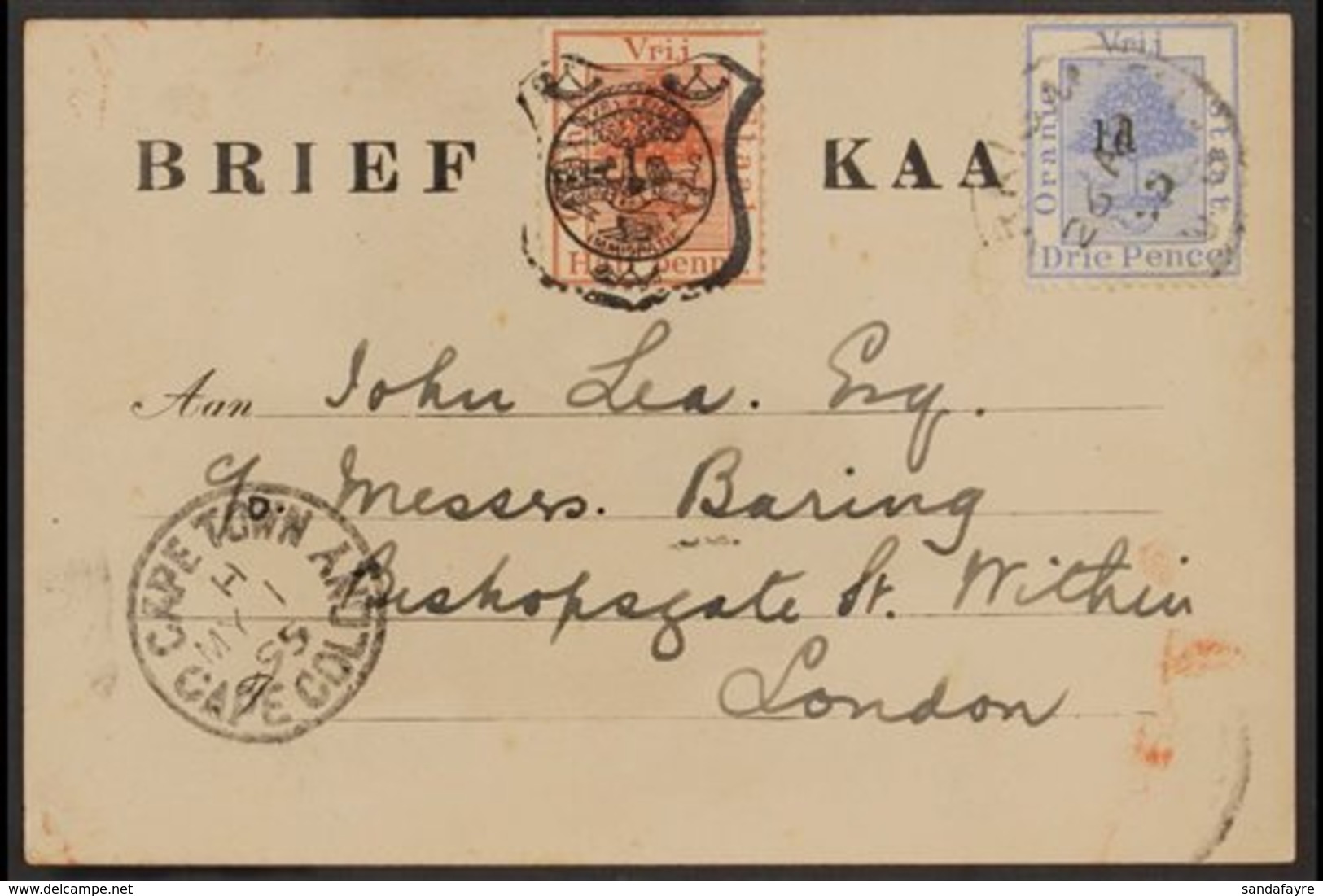 ORANGE FREE STATE 1895 (26 Apr) Post Card To London With ½d Postcard Stamp Uprated By 1d On 3d Ultramarine (SG 55) Tied  - Non Classificati