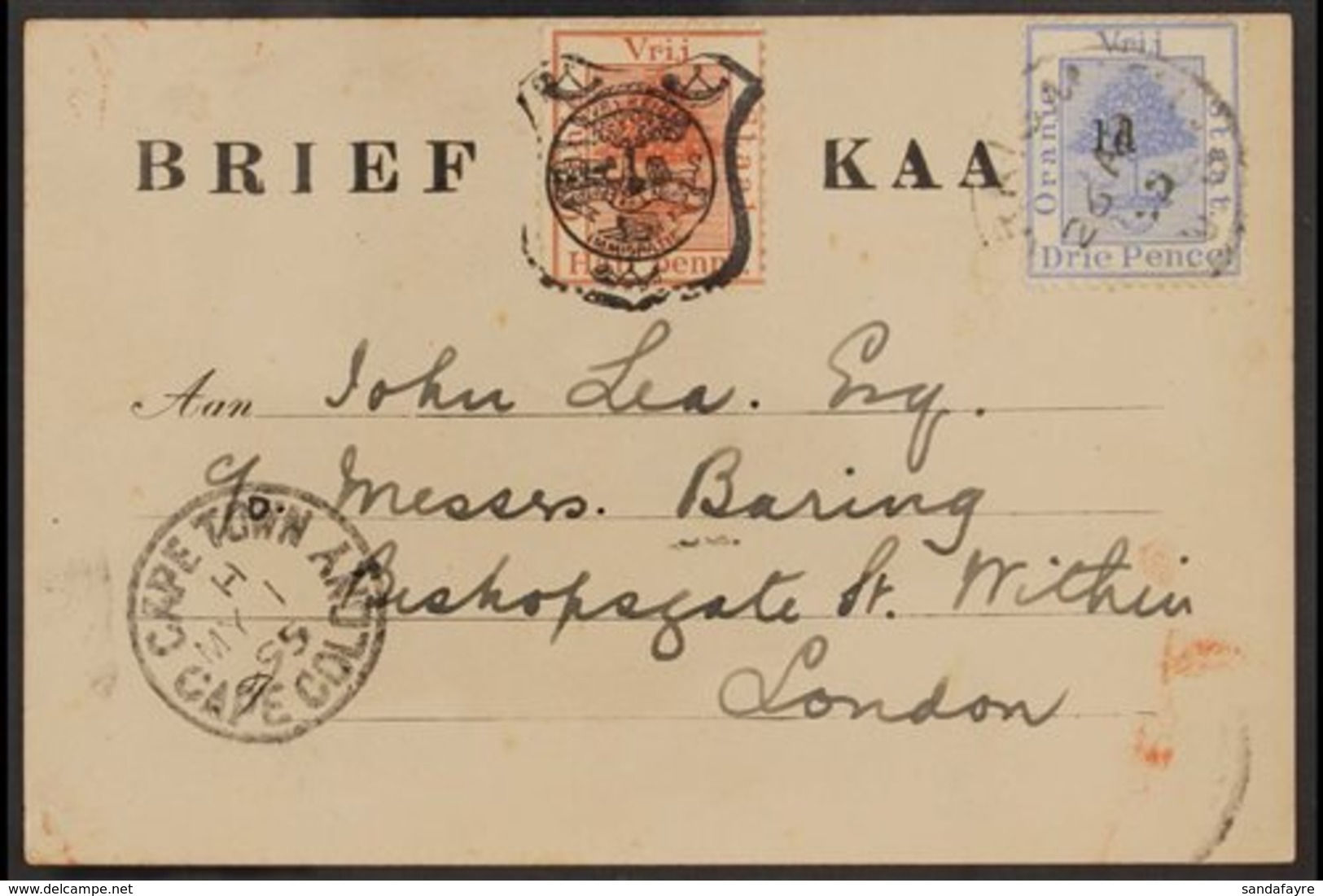 ORANGE FREE STATE 1895 (26 Apr) Post Card To London With ½d Postcard Stamp Uprated By 1d On 3d Ultramarine (SG 55) Tied  - Non Classés