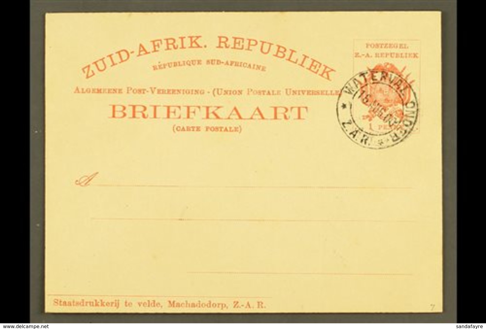 TRANSVAAL (ZAR) POSTAL STATIONERY 1900 1d Postal Card, H&G 7, Very Fine With WATERVAAL ONDER / Z.A.R Cto Cancellation Of - Non Classés