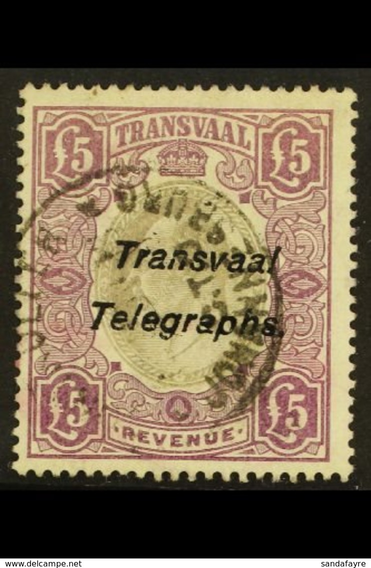TRANSVAAL TELEGRAPHS 1903 "Transvaal Telegraphs" On £5 Purple And Grey Revenue, FOURNIER FORGERY, As Hiscocks 25, Used.  - Sin Clasificación