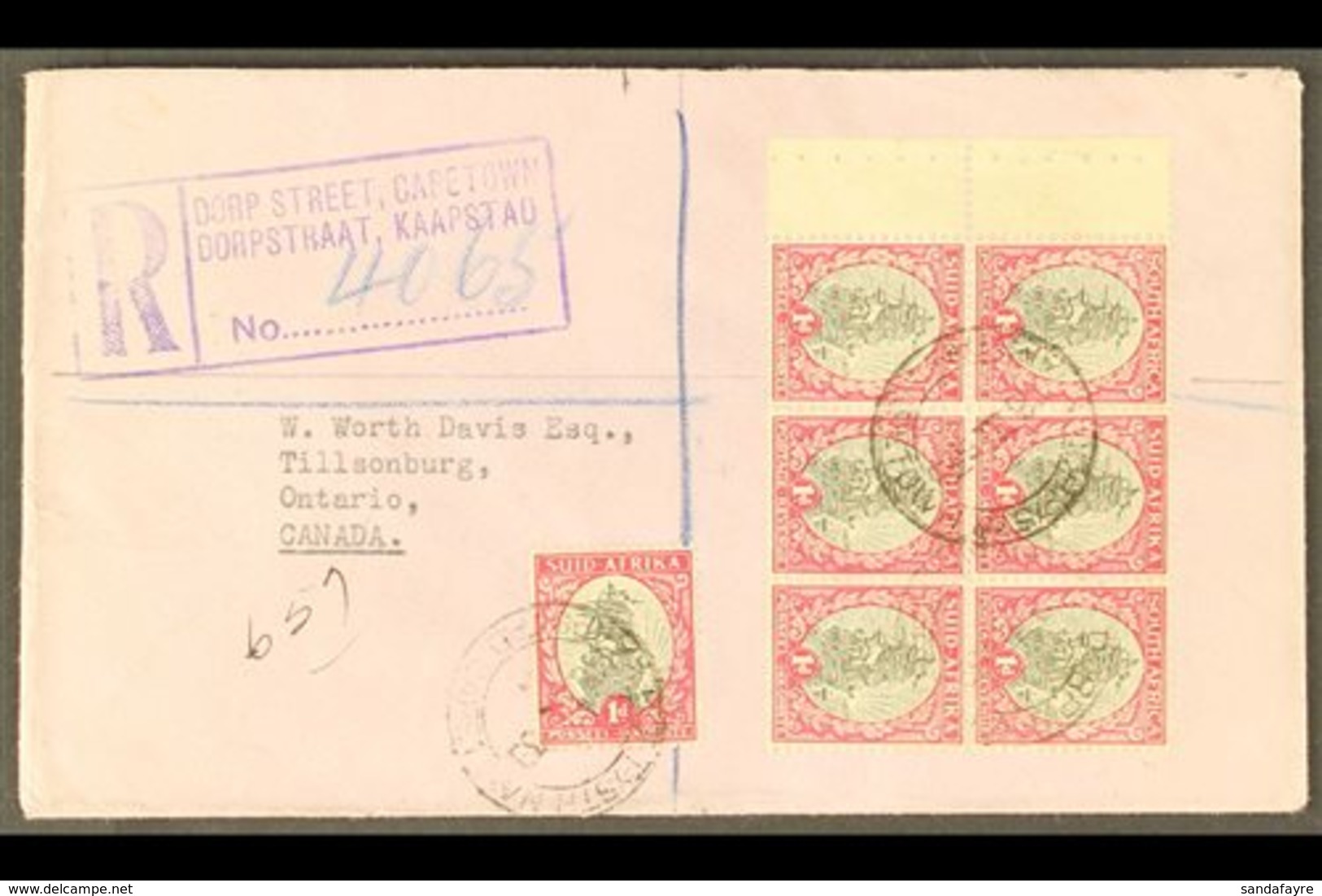 1939 Reg'd Cover To Canada, Franked With 1d BOOKLET PANE Of 6 Plus 1d Single, SG 56, Ex Booklet SG SB13 Or SB14, Neat, M - Non Classés
