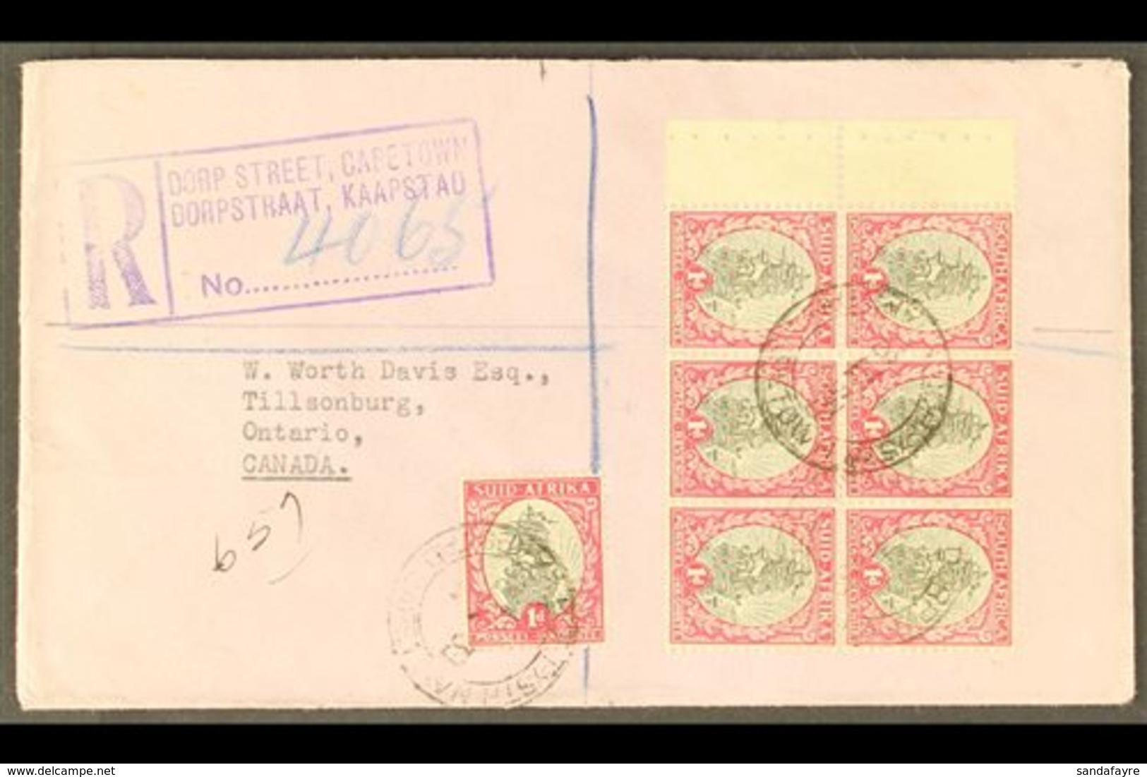 1939 Reg'd Cover To Canada, Franked With 1d BOOKLET PANE Of 6 Plus 1d Single, SG 56, Ex Booklet SG SB13 Or SB14, Neat, M - Ohne Zuordnung