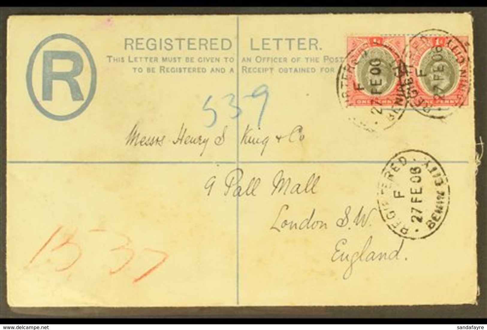 1906 (Feb 27th) 2d Registered Envelope To London uprated With 1d Pair Tied By BENIN CITY Oval Cancels, London (red) Hood - Nigeria (...-1960)