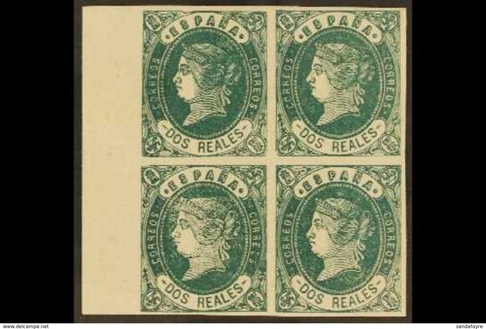 1862 2r Deep Green Imperf, SG 74b (Edifil 62) Mint BLOCK OF FOUR With Full Margins From The Left Side Of The Sheet. A Fa - Otros & Sin Clasificación