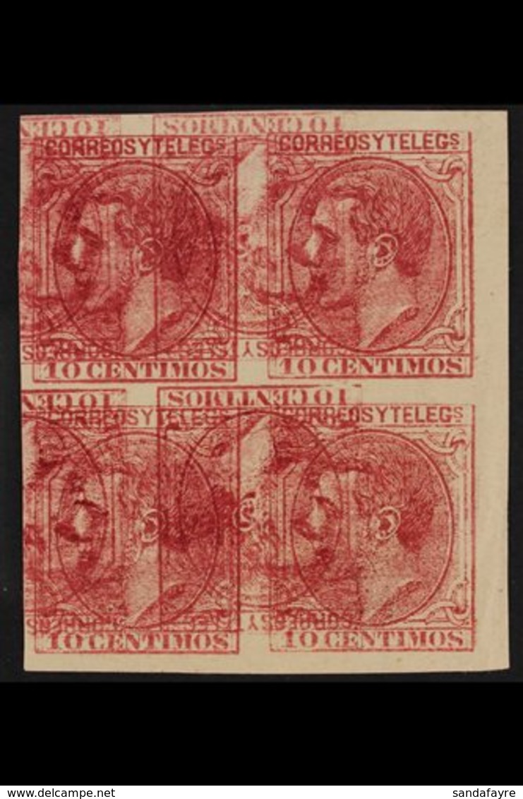 1879 King Alfonso XII 10c Rose (as Mi 178, Edifil 202, SG 265) - An Imperf Block Of Four On Ungummed Paper, Printed Doub - Autres & Non Classés