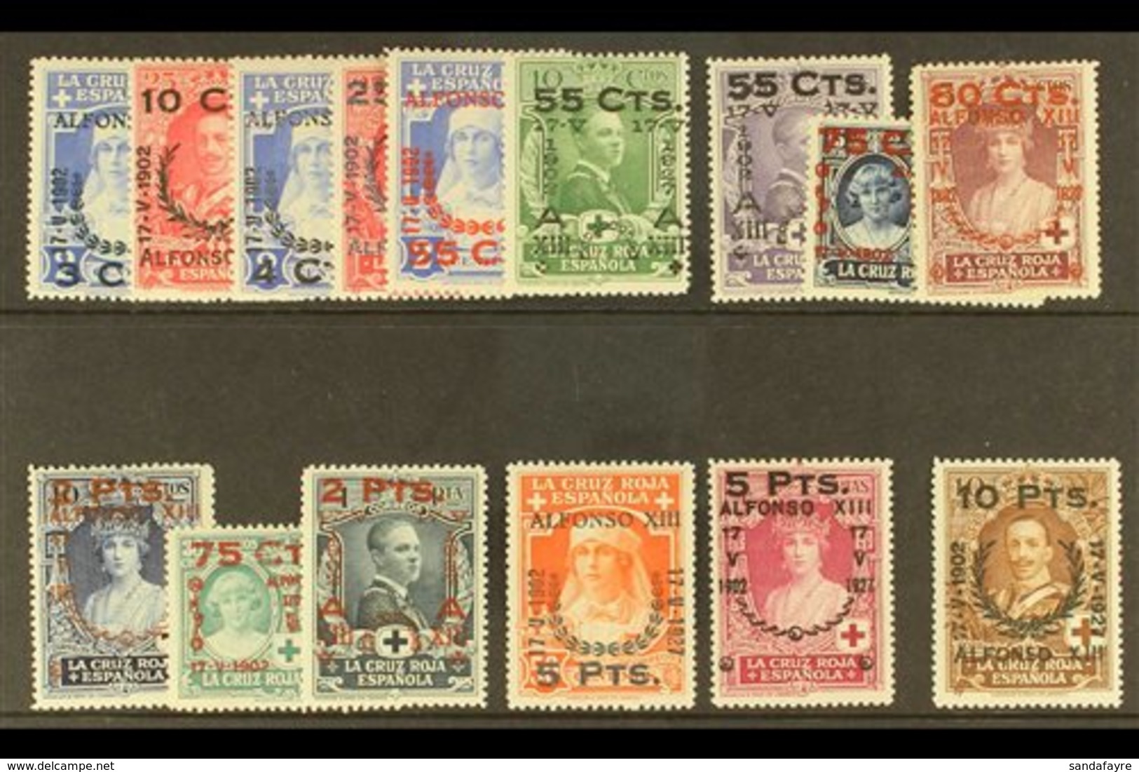 1927 25th Anniversary Of Coronation Surcharges Complete Set (SG 430/444, Edifil 373/87, Michel 336/50), Very Fine Mint.  - Andere & Zonder Classificatie