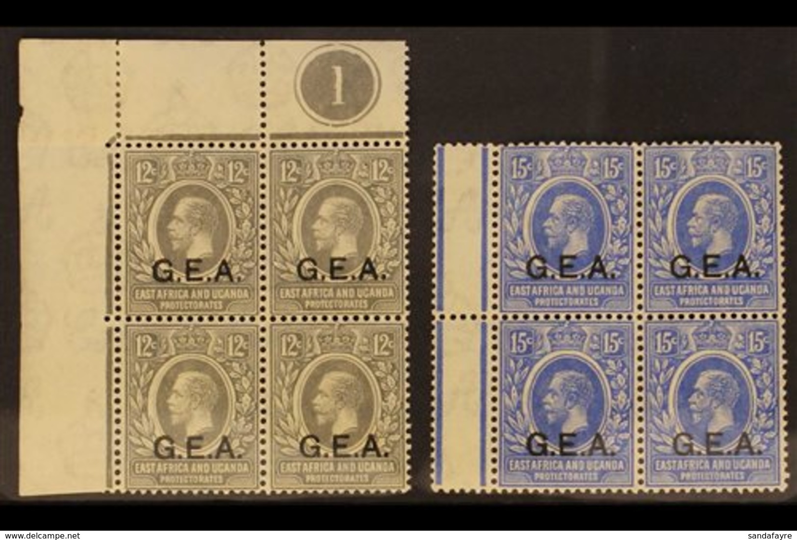 1921 MINT / NHM BLOCKS OF 4. 12c Grey "G.E.A." Opt, SG 63, Upper Left Corner CONTROL PLATE '1' BLOCK Of 4 Fine Mint (all - Tanganyika (...-1932)