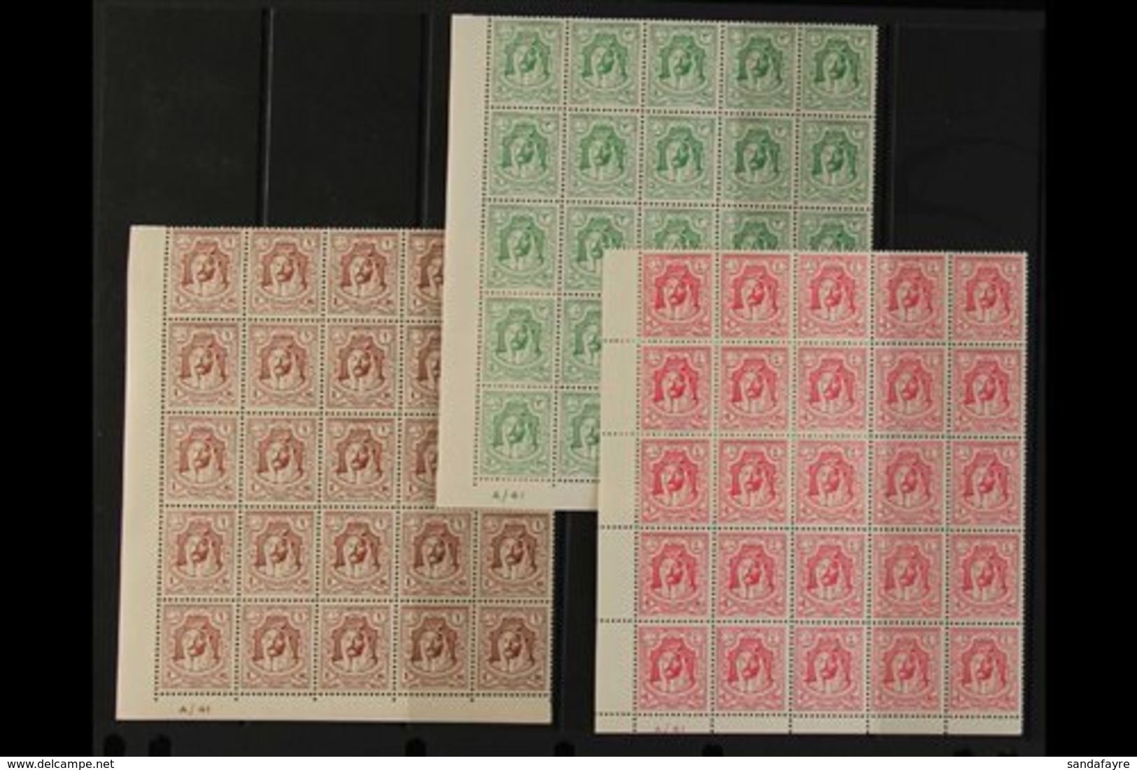 1942 1m Red-brown, 2m Green & 4m Carmine-pink Emir Abdullah Litho, SG 222/23 & 225, Never Hinged Mint Lower Left Corner  - Giordania