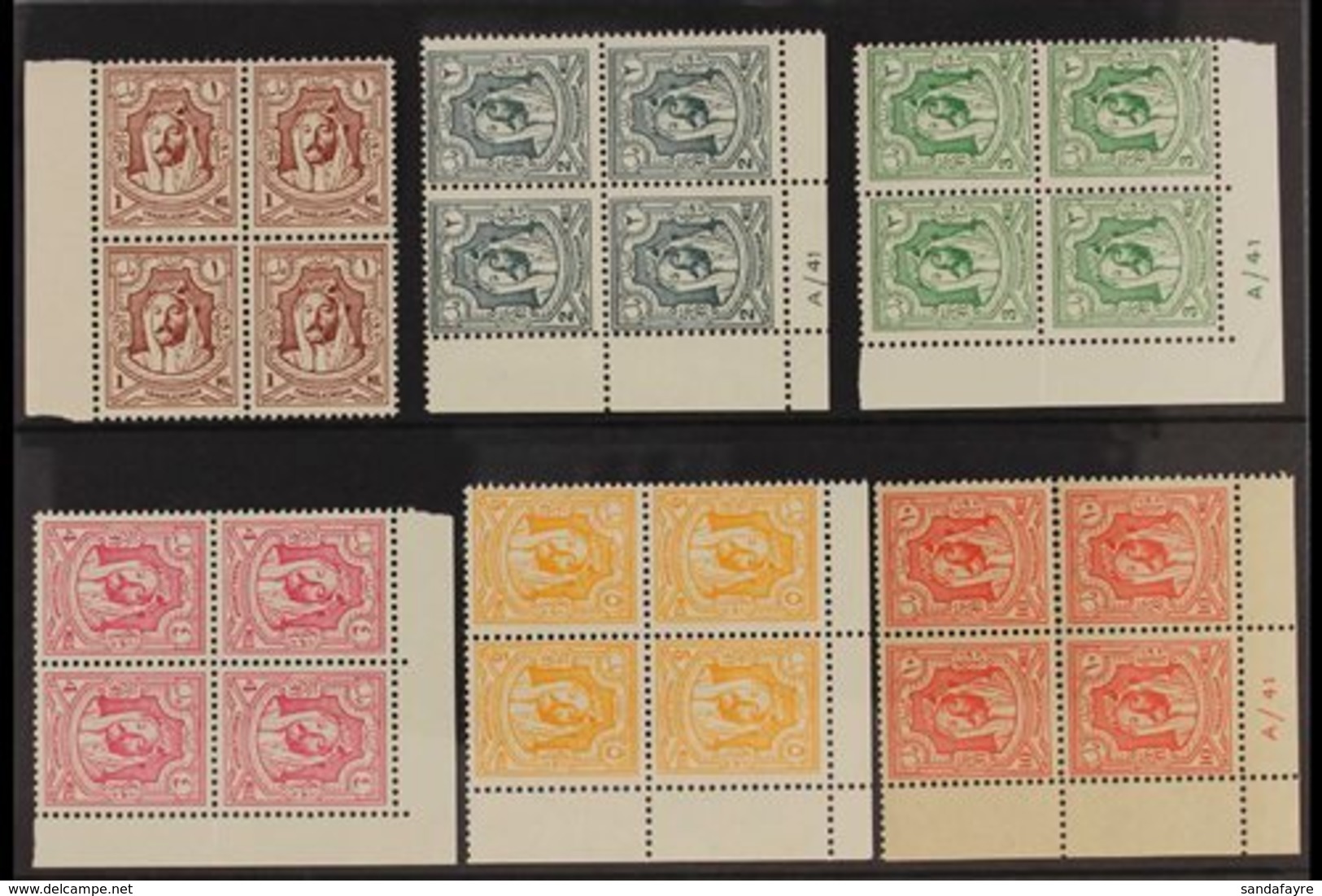 1942 Emir Abdullah Litho Complete Set, SG 222/29, Never Hinged Mint Marginal/corner BLOCKS Of 4 (2m, 3m, 10m & 20m Corne - Jordanië